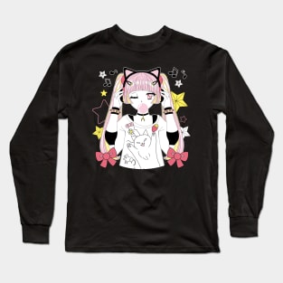 Girl anime style listening to music Long Sleeve T-Shirt